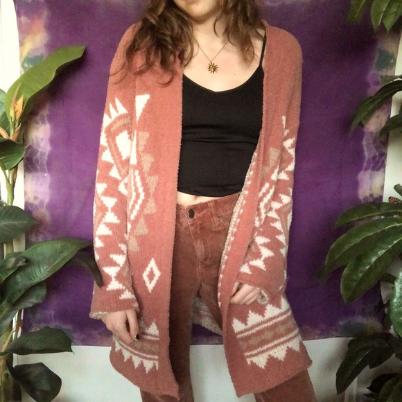 Fluffy bohemian tribal print cardigan sweater. - Picture 1 of 3